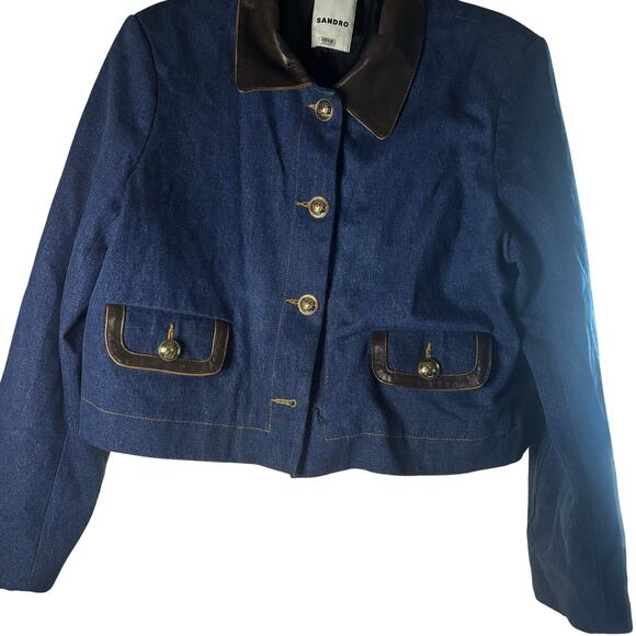 Sandro Denim Jacket with Leather Collar - Picture 6 of 16